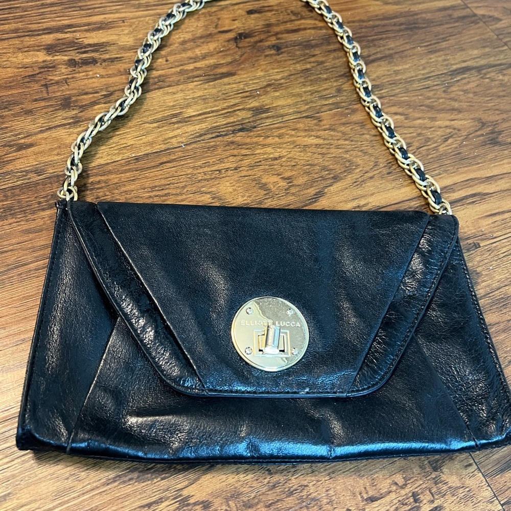 Elliott Lucca Vintage Ladies Over the Shoulder Gold Chain Black Leather Bag